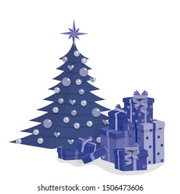 Decorated christmas tree and a pile of colorful gift boxes, isolated on white background, stock vector illustration