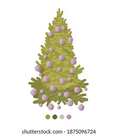 Decorated Christmas tree with pink balls, isolated on white background. New Year and Merry Christmas greeting card, poster, icon. Vector illustration in cartoon style