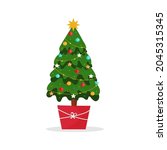 decorated Christmas tree in pot. On needles balls, garland,  bright star. Versatile design. Isolated image. Vector illustration, flat