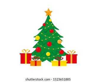Decorated christmas tree and presents boxes. Happy New Year and Christmas vector illustration isolated on the white background. 