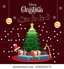 A decorated Christmas tree, presents, a candy cane a Santa hat, a reindeer sleigh snowflakes and the text Merry Christmas  The overall atmosphere is joyful and festive