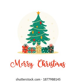 Decorated Christmas Tree and Presents Flat Vector Illustration. Merry Christmas Greeting Card.