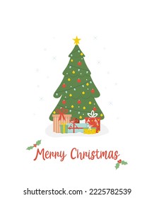 Decorated christmas tree with presents and gifts with text. Concept vector illustration in flat style.