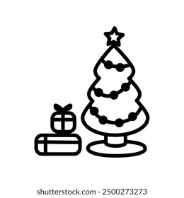 Árbol de Navidad decorado y presenta la Ilustración vectorial del icono aislada en el fondo blanco