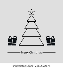 decorated Christmas tree and presents on it. Vector on grey background