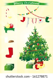 Decorated Christmas tree and presents (set, vector)