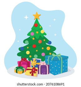 Decorated christmas tree with presents, stars, ornaments. Flat style gift boxes under the Xmas tree. Merry Christmas and a happy new year colorful cartoon vector illustration.