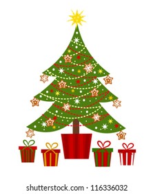 Decorated Christmas Tree And Presents - Vector Illustration