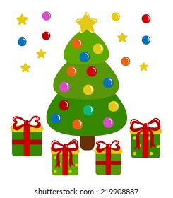 Decorated Christmas tree and presents - vector illustration