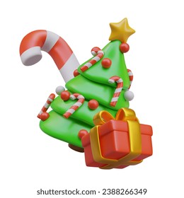 Decorated Christmas tree, red gift box, striped caramel. Vector concept in cartoon style. Isolated winter holiday composition. Template for advertising, promotional announcement