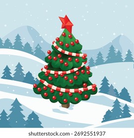 Árbol de Navidad decorado con estrella roja, guirnalda y adornos en paisaje nevado de invierno con montañas y fondo de bosque. Ilustración vectorial plana. Perfecto para tarjetas de felicitación, carteles, recuerdos.