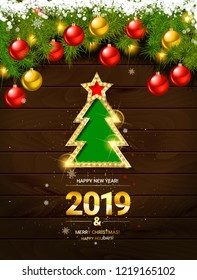 Decorated Christmas tree in red and white colors. Merry Christmas and Happy Ney Year 2019. On wooden background. Vector illustration