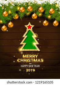 Decorated Christmas tree in red and white colors. Merry Christmas and Happy Ney Year 2019. On wooden background. Vector illustration