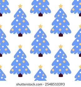 Decorated Christmas tree. Seamless pattern of blue Christmas trees on white background. Merry Christmas. Vector illustration.