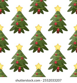 Decorated Christmas tree seamless pattern with star topper and red ornaments illustration