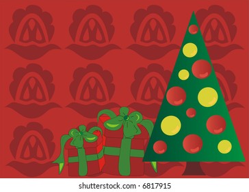 Decorated Christmas tree seamless pattern background with presents . Suitable for greetings.