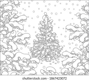 Árbol de Navidad adornado con bolas brillantes, guirnaldas brillantes y un pequeño juguete de Santa Claus sobre un bonito vidrio blanco en un bosque de invierno cubierto de nieve, ilustración de dibujos animados vectores