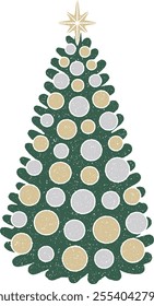 Decorated Christmas tree with silver and gold colored ornaments and eight-point star topper