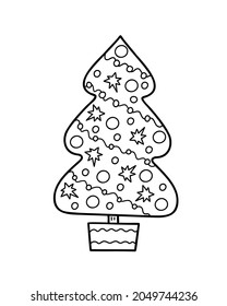 Decorated Christmas tree simple hand drawn doodle vector outline illustration for coloring book wintertime happy holidays celebration, greeting card, invitation, poster