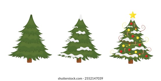 Decorated christmas tree in snow, with decorations. Green fluffy christmas pine. Isolated a white background for card, postcard, cover. EPS 10