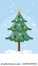 Decorated Christmas tree in snow. Green fluffy Christmas pine in the winter season with falling snowflakes on a serene blue background. Vector illustration