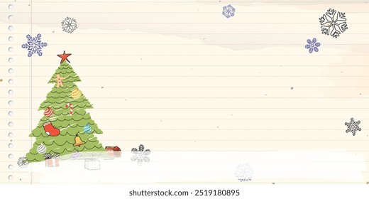 Decorated Christmas tree with snowflake hand drawn childish style on old notebook paper background have watercolors stained graphic illustration. Merry Christmas greeting card template.