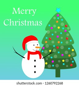 Decorated Christmas tree and snowman vector illustration