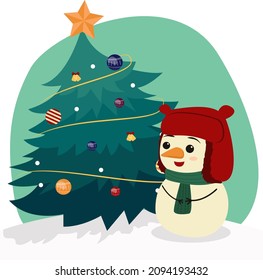 Decorated christmas tree and  snowman with winter hat, decoration balls and lamps. Merry Christmas and a happy new year.