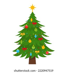 Decorated Christmas tree with a star, balls and a colorful garland. Vector illustration.