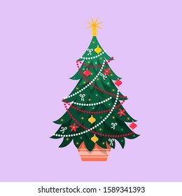 Decorated Christmas tree with star and beaded garland
