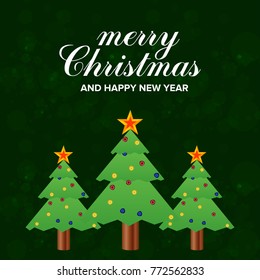 Decorated christmas tree with star, decoration balls green backg