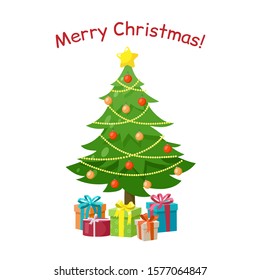 Decorated Christmas tree with star, gift boxes, balls and beaded garland, isolated on white background. New Year and Merry Christmas greeting card, poster, icon. Vector illustration in cartoon style