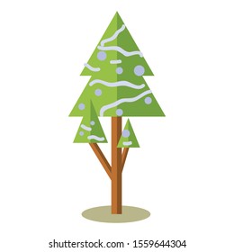 Decorated christmas tree with star, lights, decoration balls and lamps. For the new year holiday garland with lights traditional decor.  colorful cartoon flat style. Vector illustration EPS10