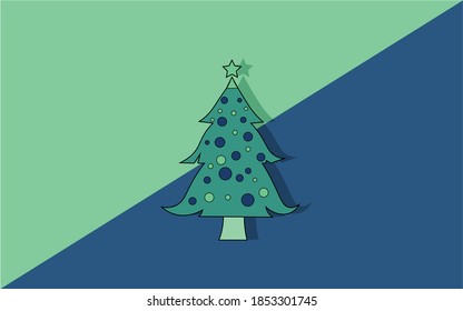 Decorated Christmas tree with a star, lights, and decoration balls in indigo dye background. Merry Christmas and a happy new year.