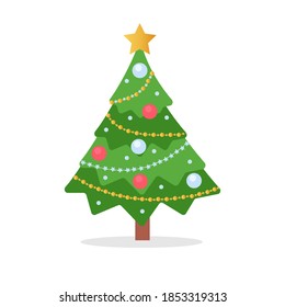 Decorated christmas tree with  star, lights, decoration balls. Merry Christmas and a happy new year. Flat style vector illustration.
