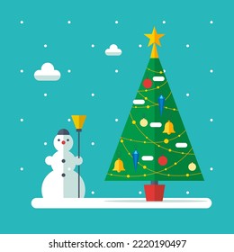 Decorated christmas tree, star, lights, decoration balls and lamps. Merry Christmas and a happy new year. Flat vector illustration.