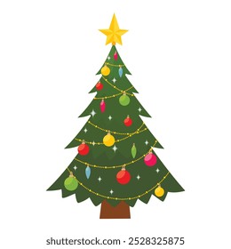 Decorated christmas tree with star, lights, decoration balls. Merry Christmas and a happy new year. Flat vector illustration.