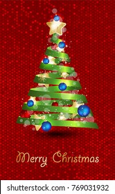 Decorated christmas tree with star, lights, decoration balls and lamps. Merry Christmas and a happy new year.