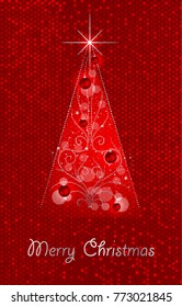 Decorated christmas tree with star, lights, decoration balls and lamps. Merry Christmas and a happy new year.