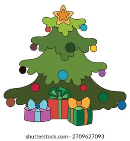 Árvore de Natal decorada com estrela e apresenta ilustração festiva de feriado