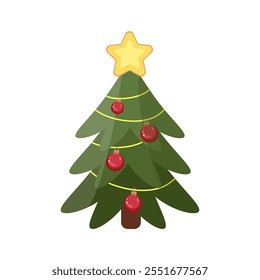 Decorated Christmas tree with star topper and red ornaments illustration