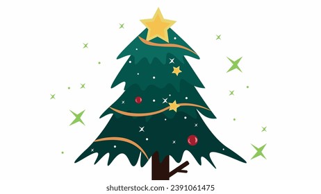 Decorated Christmas tree with stars, lights, decoration balls and lamps. Merry Chrismast and Happy New Year. Flat style vector illustration.