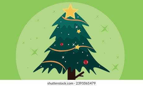 Decorated Christmas tree with stars, lights, decoration balls and lamps. Merry Chrismast and Happy New Year. Flat style vector illustration.