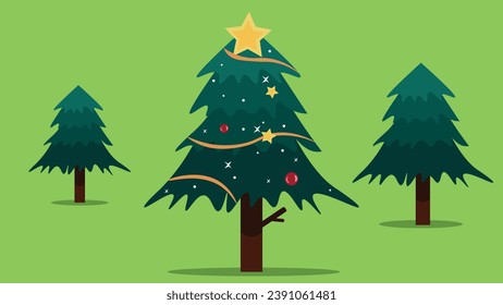 Decorated Christmas tree with stars, lights, decoration balls and lamps. Merry Chrismast and Happy New Year. Flat style vector illustration.