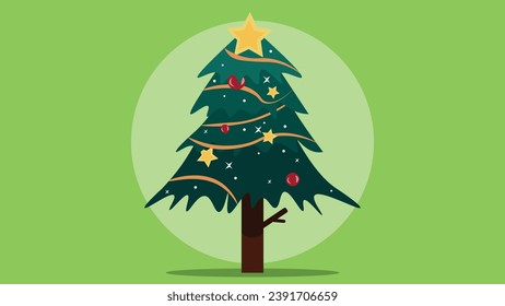 Decorated Christmas tree with stars, lights, decoration balls and lamps. Merry Chrismast and Happy New Year. Flat style vector illustration.