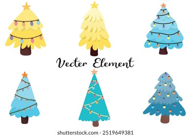Decorated Christmas tree with stars, lights, decoration balls and lamps. Merry Chrismast and Happy New Year. Flat style vector illustration.
