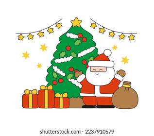 decorated christmas tree with stars, santa claus, gift, presents, bag