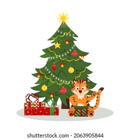 Decorated Christmas tree with a tiger cub opening gift boxes, lights, ornaments, balls and garlands. Merry Christmas and Happy New Year. Flat style vector illustration.