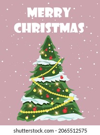 Decorated Christmas tree with toys and snow. Text. Pink color. Flat style. Merry Christmas and Happy New Year. 2022 year. 25 December. Gift card. Snowfall. Snowflakes. Stock Vector Illustration.