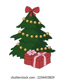 Árbol de Navidad decorado y dos cajas de regalo. Ilustración vectorial en fondo blanco